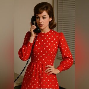 Vintage 1960s 100% silk red mid length drsss Elegant Red Patterned size 2